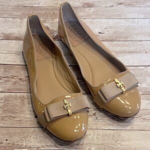 Tory Burch Tan Patent Flats with Gold Bow